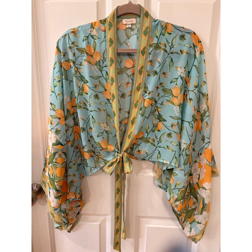 Anthropologie Pilcro Kimono Aqua Blue Lemon Print Lightweight Boho Beachy OS - Picture 13 of 15